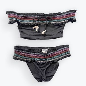 Isabella Rose Bikini Set Black Smocked Off the Shoulder Size S